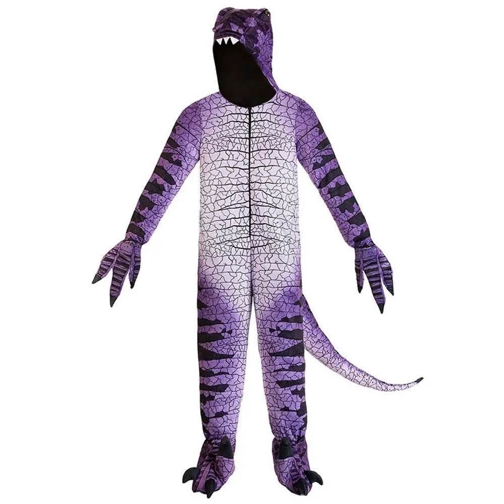 Ravenous Raptor Dinosaur Cosplay Costume Purple Hooded Jumpsuit Outfit Halloween for Kids - zzcosplay