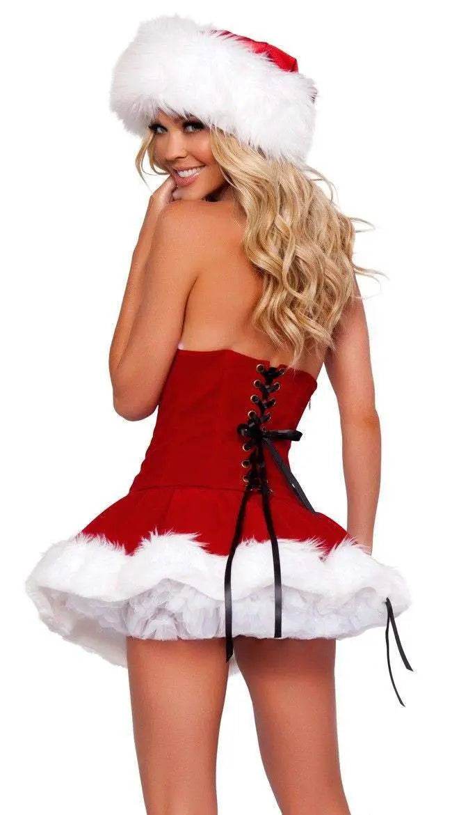 Red Christmas Party Dress Costume Xmas Hat White White Fur Cosplay - zzcosplay