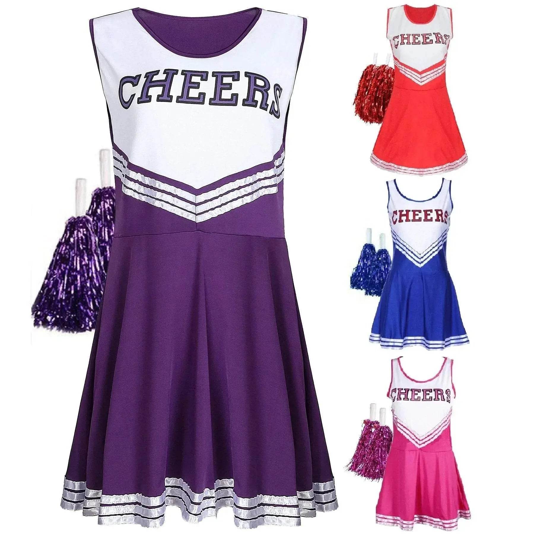 Women Cheerleader Costume Outfit With Poms Fancy Uniform Sports Dress - zzcosplay