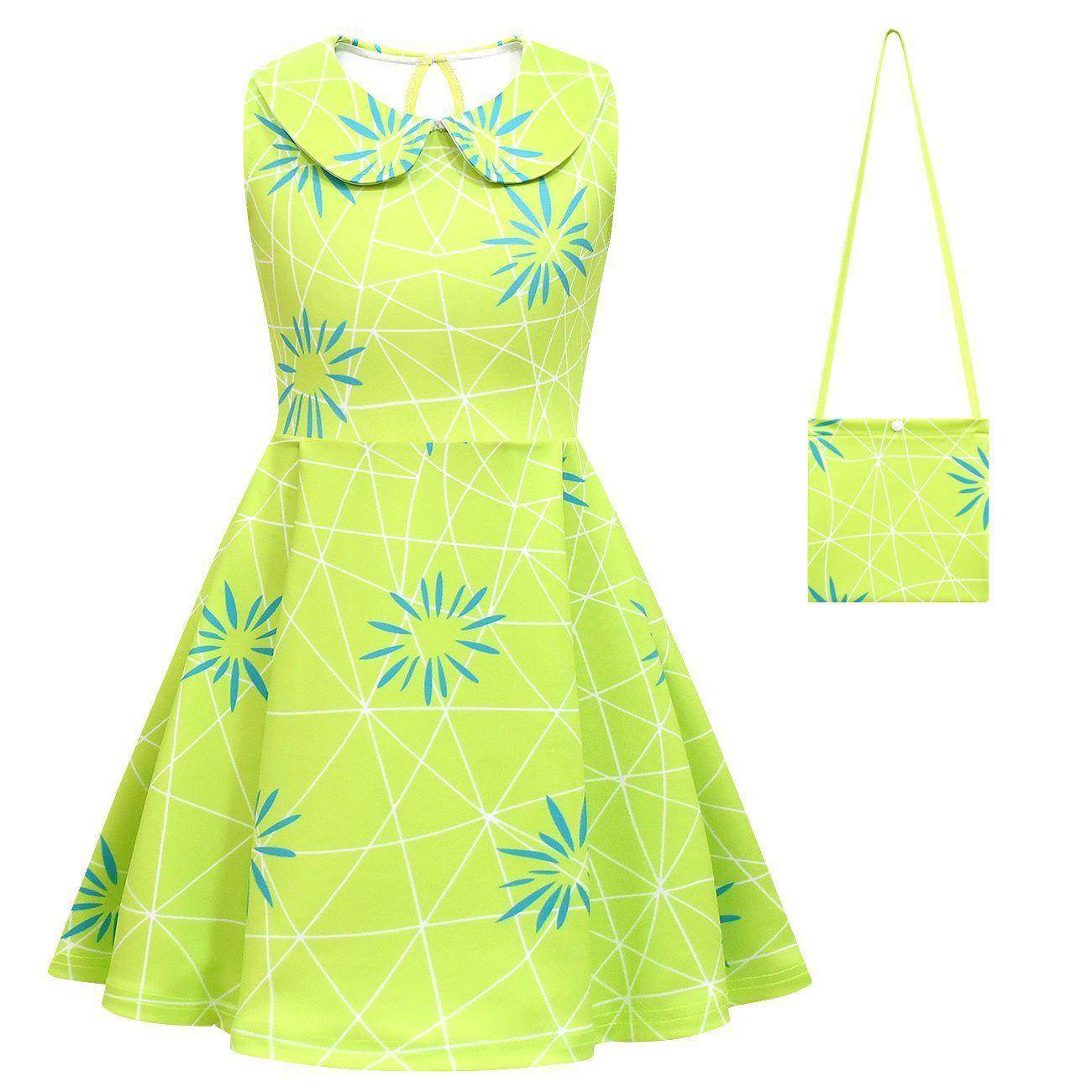 Inside Out Joy Costume Collared Dress for Girls Sleeveless Dress with Bag - zzcosplay