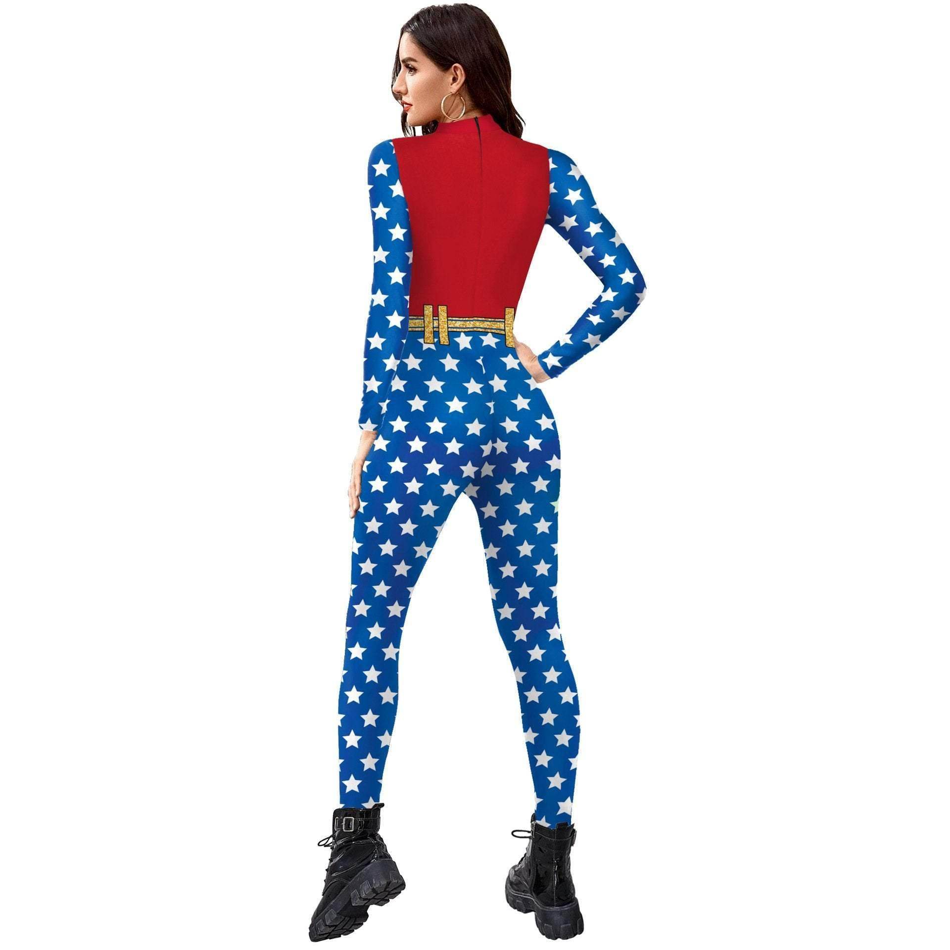 Superhero Wonder Woman Cosplay Costume Halloween Printed Jumpsuit Slim Fit Long Sleeve Party Outfit for Women - zzcosplay