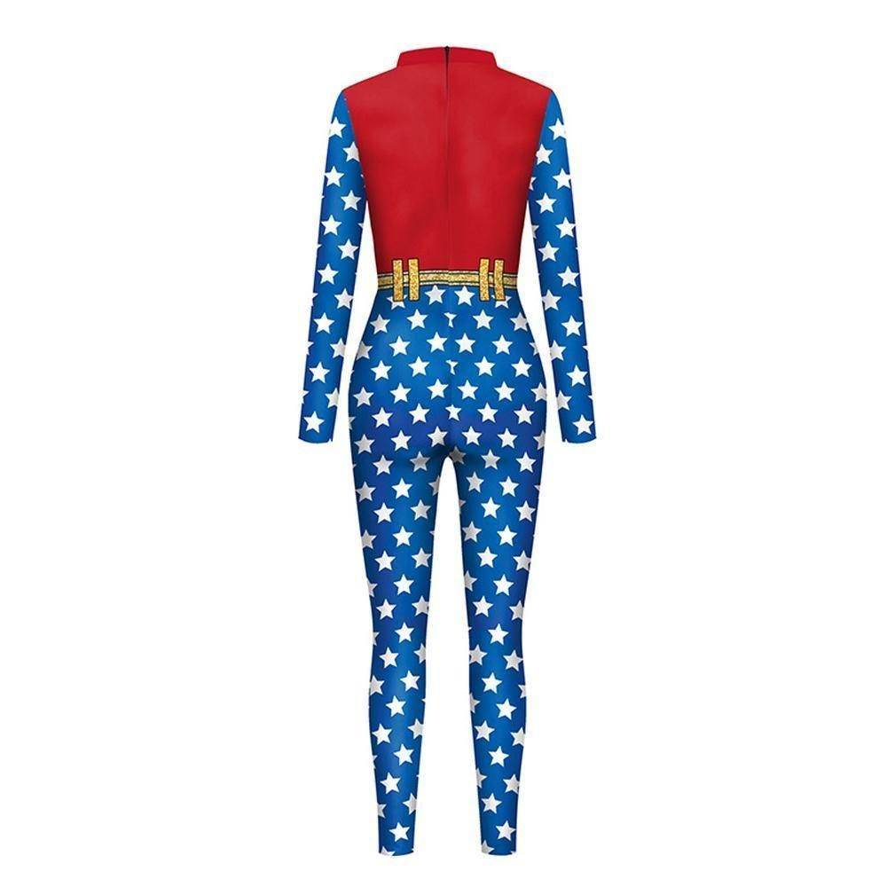 Superhero Wonder Woman Cosplay Costume Halloween Printed Jumpsuit Slim Fit Long Sleeve Party Outfit for Women - zzcosplay