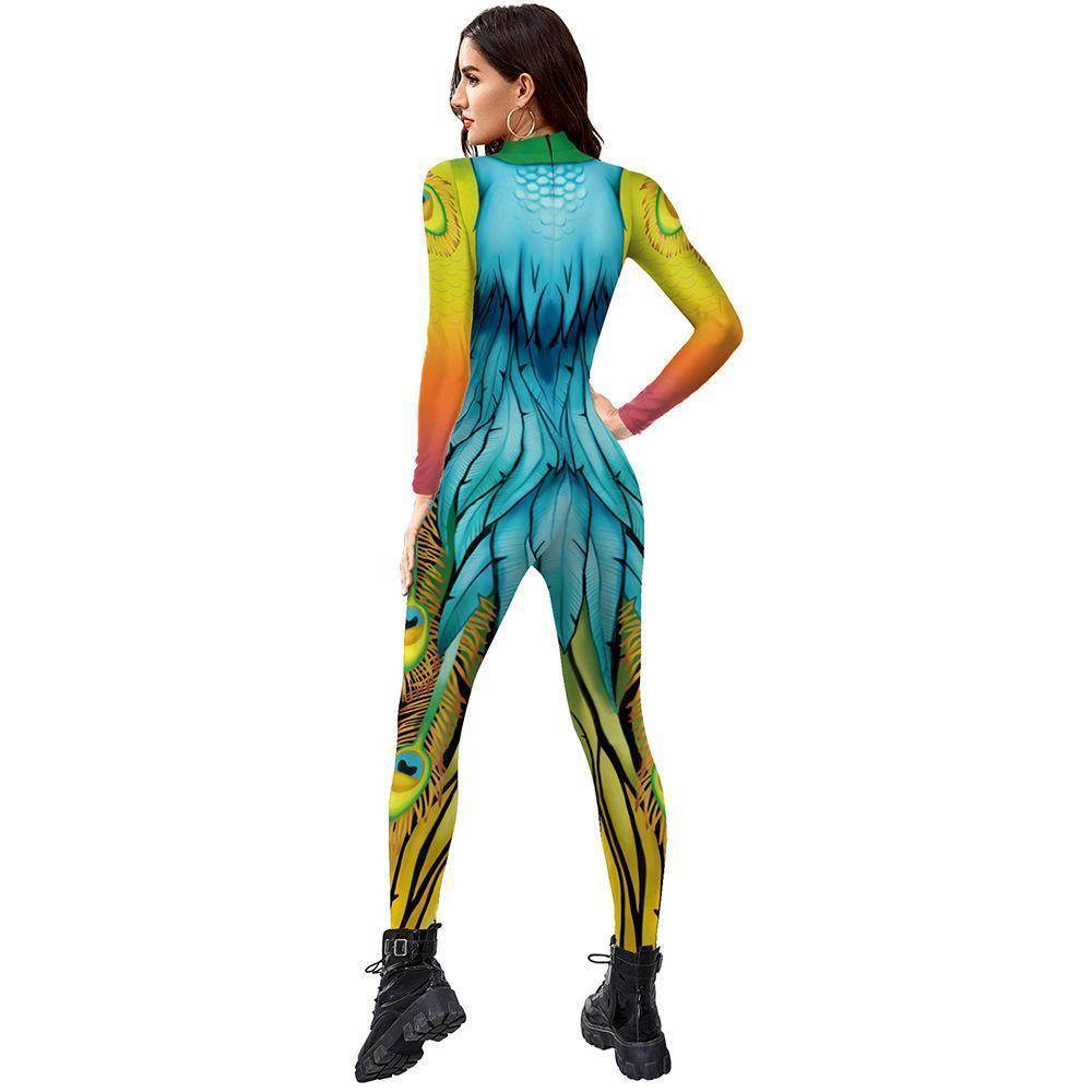 Womens Halloween Costumes Cosplay Peacock Print Jumpsuit Slim Fit Long Sleeve Catsuit Party Outfit - zzcosplay