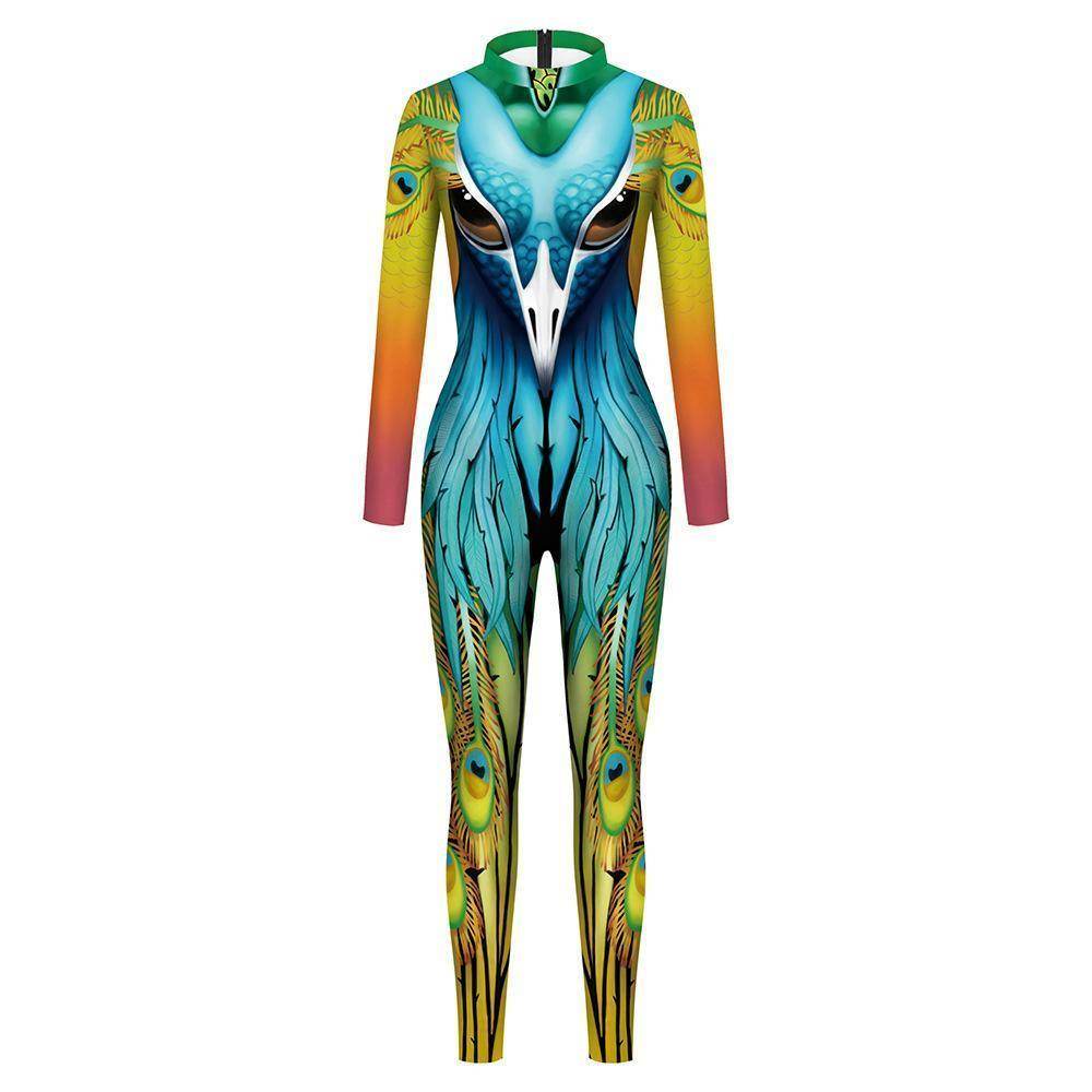 Womens Halloween Costumes Cosplay Peacock Print Jumpsuit Slim Fit Long Sleeve Catsuit Party Outfit - zzcosplay